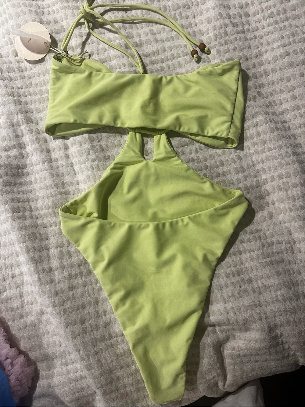 Camila Coelho Sage Green Halter Cutout One-Piece with wooden beads. - Picture 5 of 5